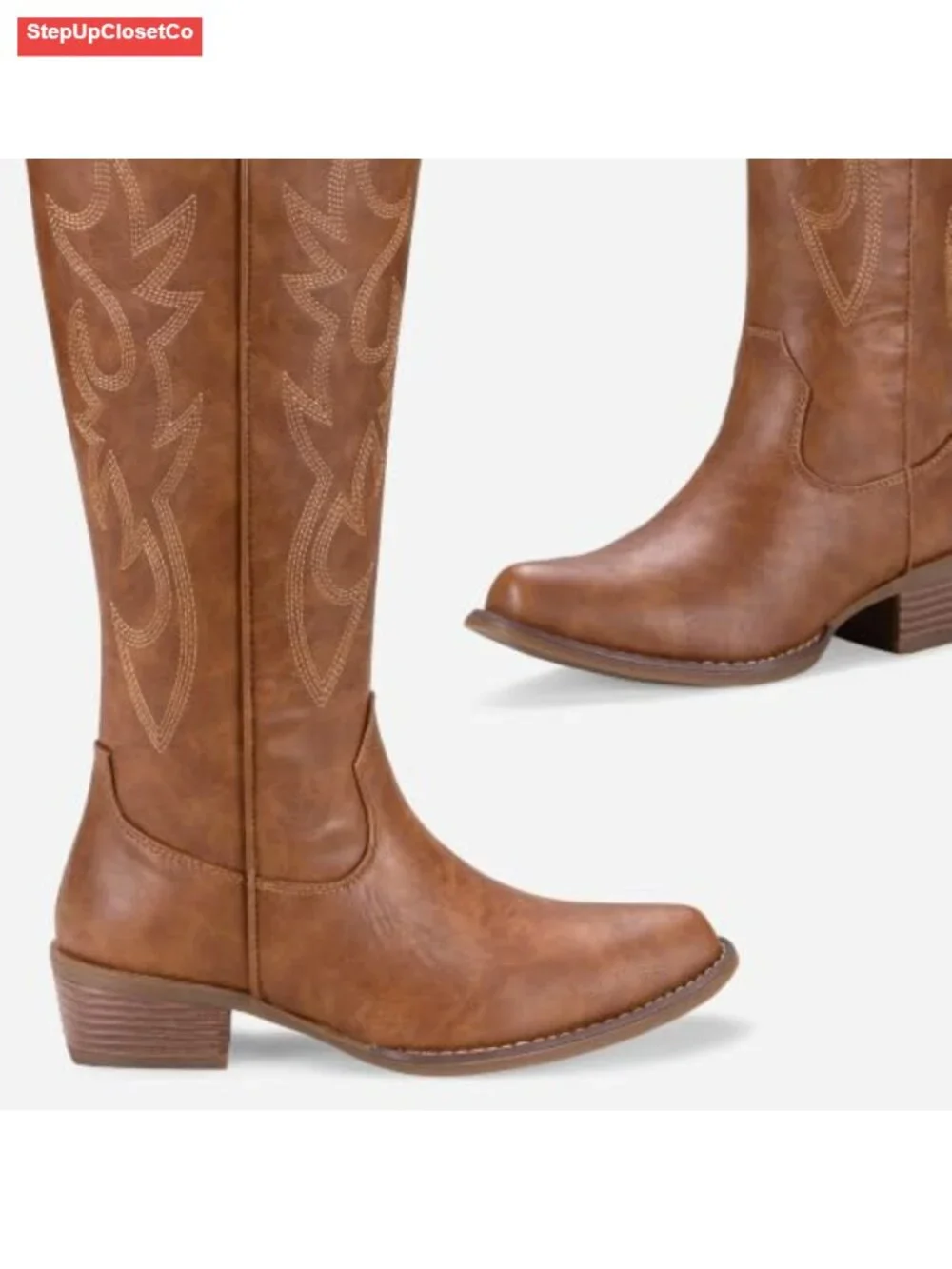 Women's Knee High Cowboy Boots Low Heel Western Embroidered Synthetic Leather